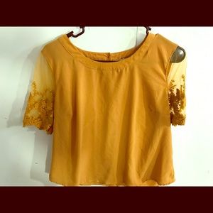 KAii Mustard Lace Embroidered Sleeve Blouse